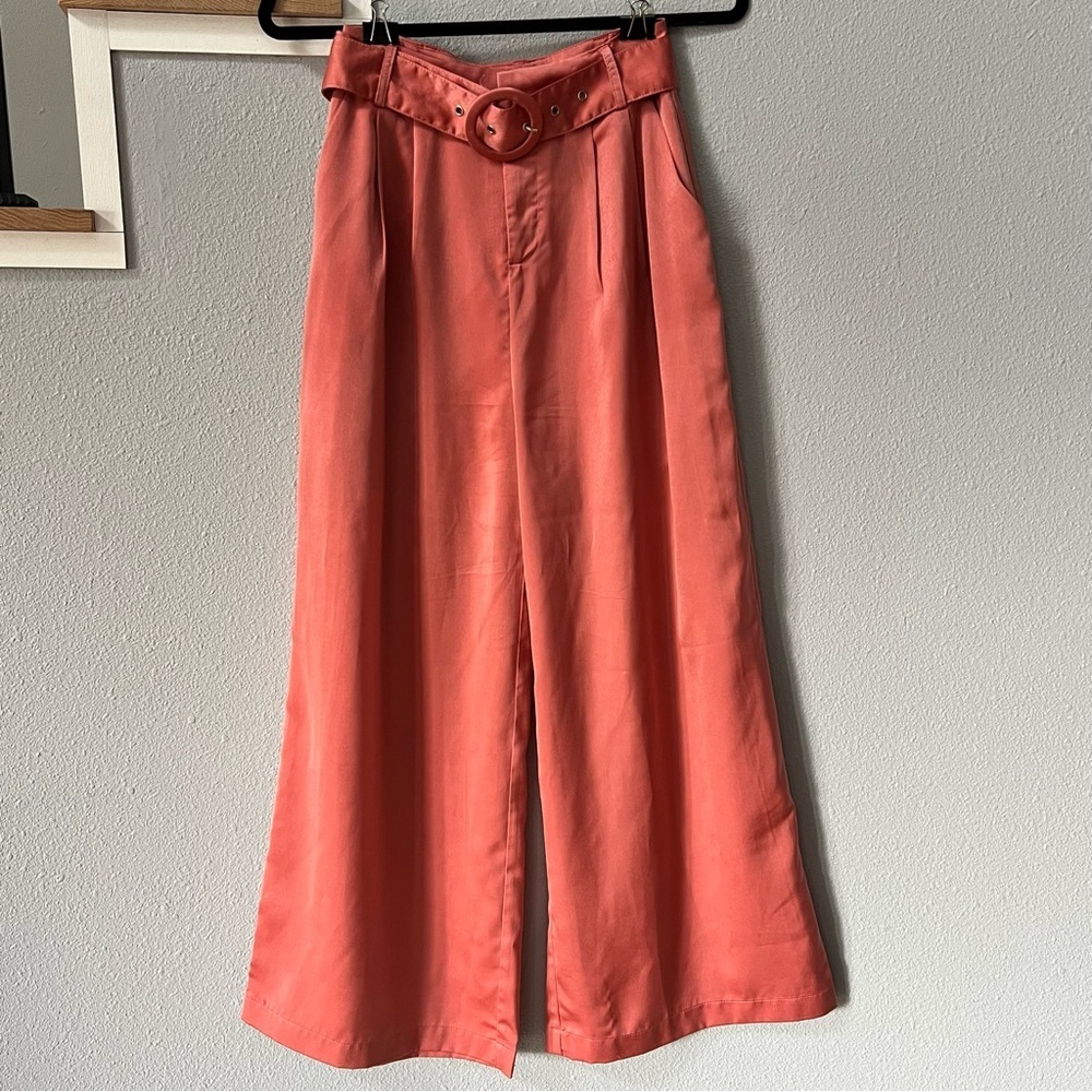 Vici Wide Leg Coral-Peach Silky Pants with Circular Buckle Belt - Picture 2 of 15